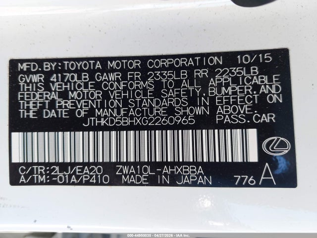 Продаж на аукціоні авто 2016 Lexus Ct 200h, vin: JTHKD5BHXG2260965, номер лоту: 44950035
