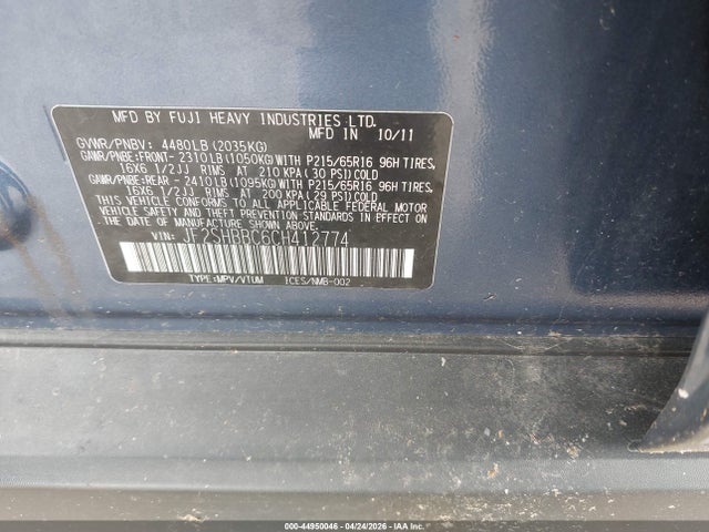 44950046 :رقم المزاد ، JF2SHBBC6CH412774 vin ، 2012 Subaru Forester 2.5x مزاد بيع