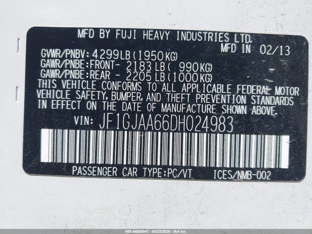 Aukcja sprzedaży 2013 Subaru Impreza 2.0i, vin: JF1GJAA66DH024983, numer aukcji: 44950047