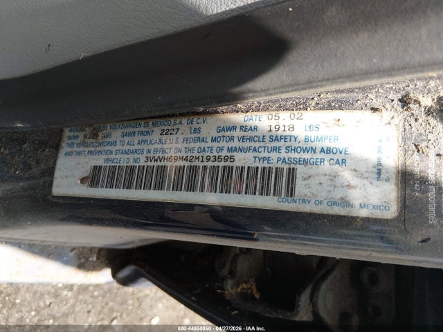 44950050 :رقم المزاد ، 3VWVH69M42M193595 vin ، 2002 Volkswagen Jetta Gli مزاد بيع