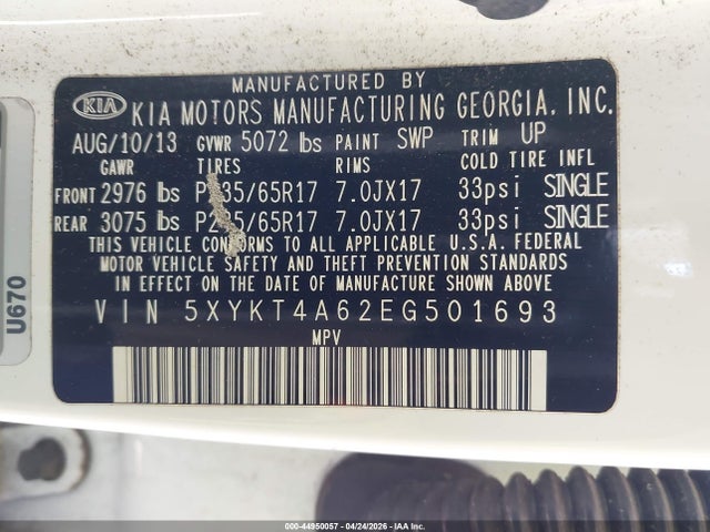 44950057 :رقم المزاد ، 5XYKT4A62EG501693 vin ، 2014 Kia Sorento Lx مزاد بيع