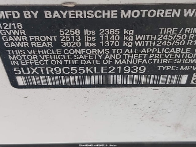 5UXTR9C55KLE21939 BMW X3 Xdrive30i