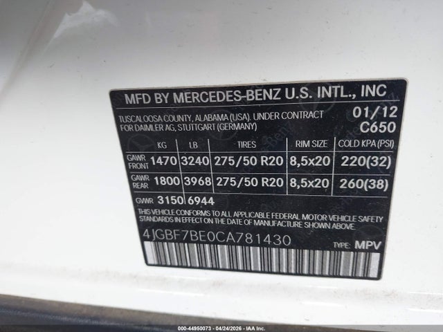 44950073 :رقم المزاد ، 4JGBF7BE0CA781430 vin ، 2012 Mercedes-benz Gl 450 4matic مزاد بيع