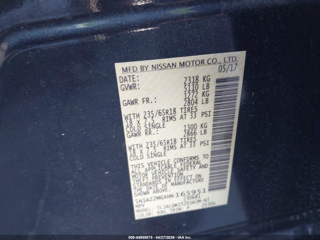 44950075 :رقم المزاد ، 5N1AZ2MGXHN165951 vin ، 2017 Nissan Murano Sv مزاد بيع