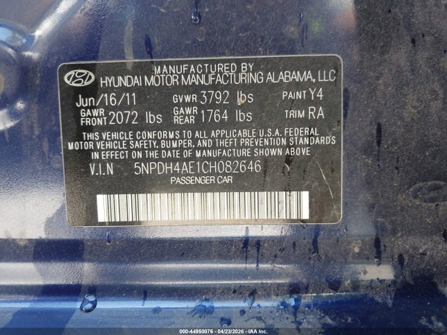Aukcja sprzedaży 2012 Hyundai Elantra Gls, vin: 5NPDH4AE1CH082646, numer aukcji: 44950076