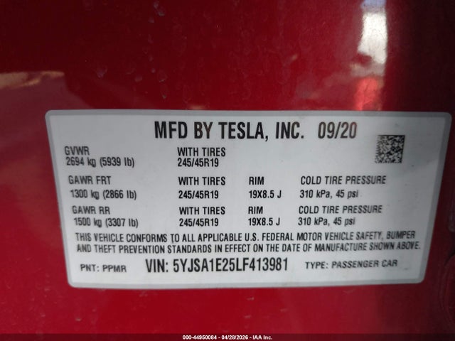 44950084 :رقم المزاد ، 5YJSA1E25LF413981 vin ، 2020 Tesla Model S Long Range Dual Motor All-wheel Drive/long Range Plus Dual Motor All-wheel Drive مزاد بيع