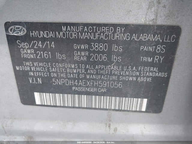 5NPDH4AEXFH591056 Hyundai ELANTRA SE