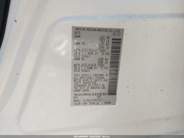 44950099 :رقم المزاد ، 5N1AR2MM4DC680830 vin ، 2013 Nissan Pathfinder Sv مزاد بيع