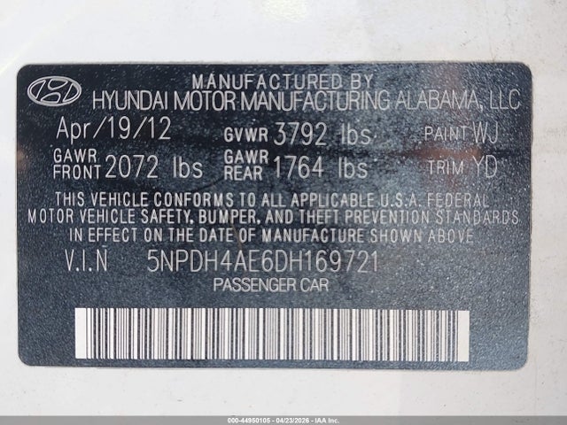 Aukcja sprzedaży 2013 Hyundai Elantra Gls, vin: 5NPDH4AE6DH169721, numer aukcji: 44950105