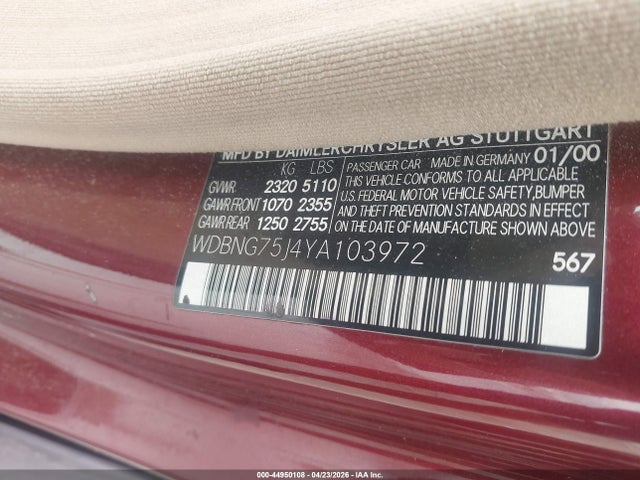 Aukcja sprzedaży 2000 Mercedes-benz S 500, vin: WDBNG75J4YA103972, numer aukcji: 44950108