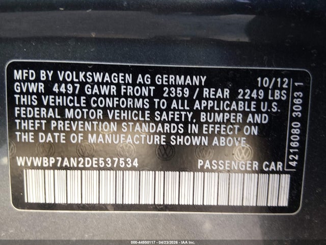 Продаж на аукціоні авто 2013 Volkswagen Cc 2.0t Sport Plus, vin: WVWBP7AN2DE537534, номер лоту: 44950117