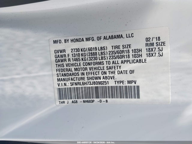 Aukcja sprzedaży 2018 Honda Odyssey Ex-l, vin: 5FNRL6H73JB090251, numer aukcji: 44950126