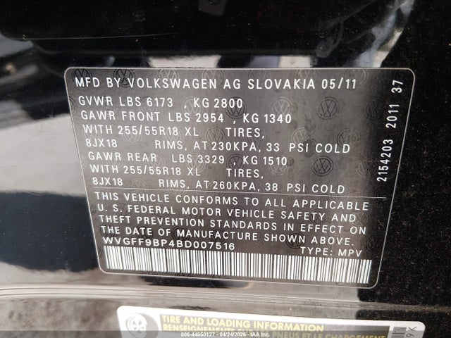 44950127 :رقم المزاد ، WVGFF9BP4BD007516 vin ، 2011 Volkswagen Touareg Vr6 Sport مزاد بيع