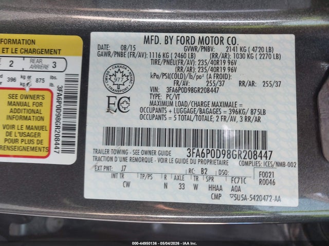 Aukcja sprzedaży 2016 Ford Fusion Titanium, vin: 3FA6P0D98GR208447, numer aukcji: 44950136