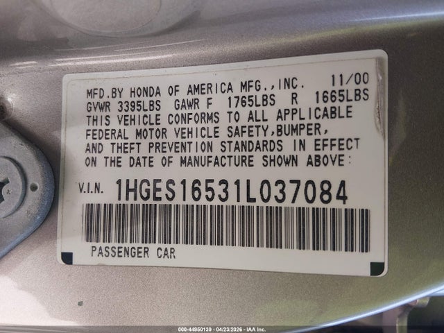 Aukcja sprzedaży 2001 Honda Civic Lx, vin: 1HGES16531L037084, numer aukcji: 44950139