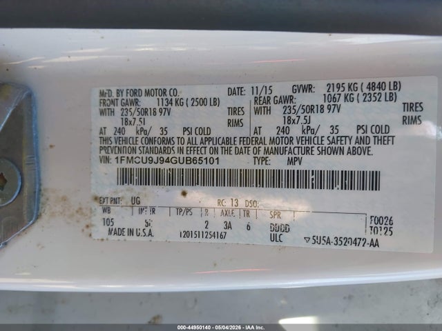 Aukcja sprzedaży 2016 Ford Escape Titanium, vin: 1FMCU9J94GUB65101, numer aukcji: 44950140