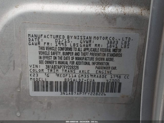 Продаж на аукціоні авто 2015 Nissan Sentra Sv, vin: 3N1AB7AP7FY228226, номер лоту: 44950146