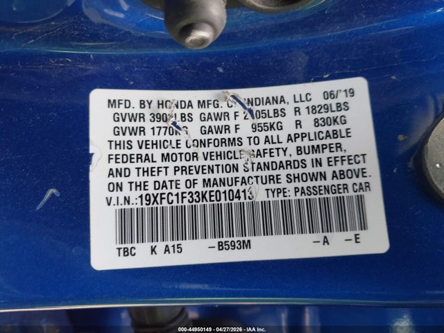 Honda CIVIC EX 2019 19XFC1F33KE010413 Image 9