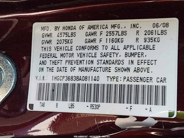 44950157 :رقم المزاد ، 1HGCP36838A081140 vin ، 2008 Honda Accord 3.5 Ex-l مزاد بيع