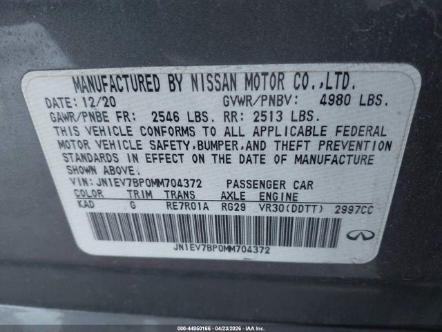Aukcja sprzedaży 2021 Infiniti Q50 Luxe, vin: JN1EV7BP0MM704372, numer aukcji: 44950166