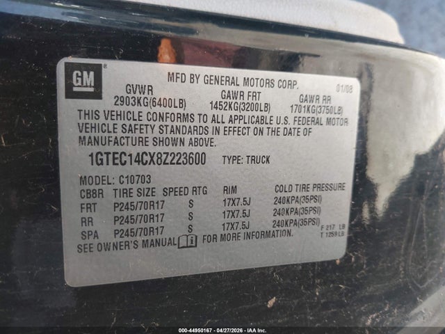 Aukcja sprzedaży 2008 Gmc Sierra 1500 Work Truck, vin: 1GTEC14CX8Z223600, numer aukcji: 44950167