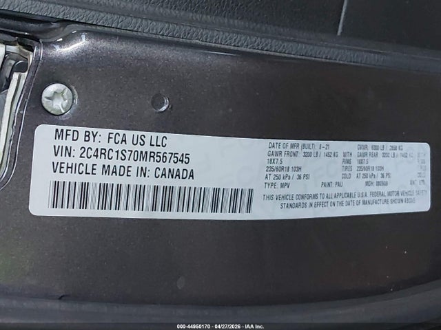 Aukcja sprzedaży 2021 Chrysler Pacifica Hybrid Limited, vin: 2C4RC1S70MR567545, numer aukcji: 44950170
