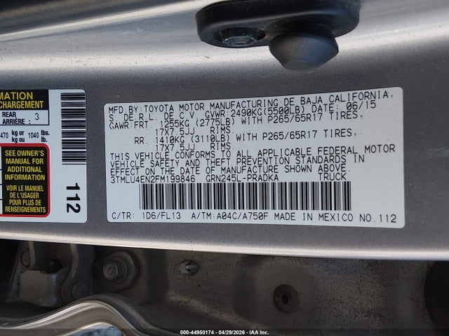 44950174 :رقم المزاد ، 3TMLU4EN2FM199846 vin ، 2015 Toyota Tacoma Base V6 مزاد بيع