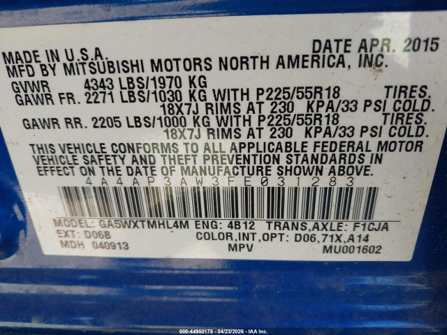 Aukcja sprzedaży 2015 Mitsubishi Outlander Sport Es, vin: 4A4AP3AW3FE031283, numer aukcji: 44950178