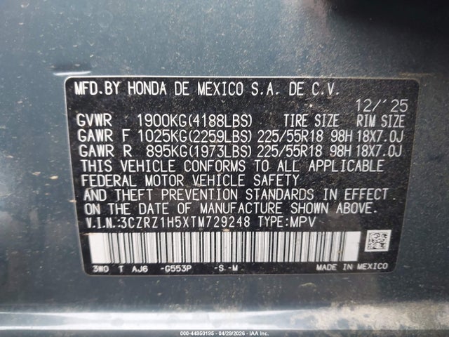 2026 Honda Hr-v 2wd Sport მანქანა იყიდება აუქციონზე, vin: 3CZRZ1H5XTM729248, აუქციონის ნომერი: 44950195