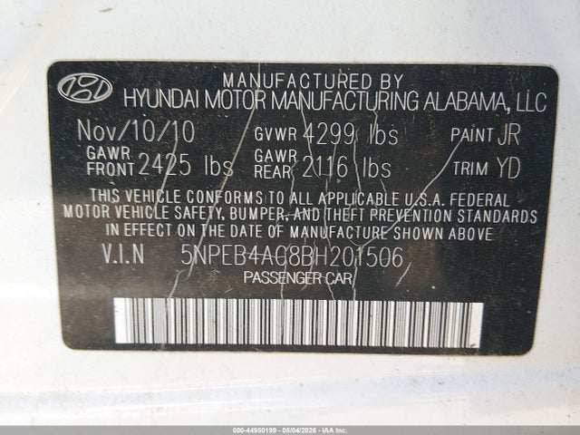 2011 Hyundai Sonata Gls მანქანა იყიდება აუქციონზე, vin: 5NPEB4AC8BH201506, აუქციონის ნომერი: 44950199