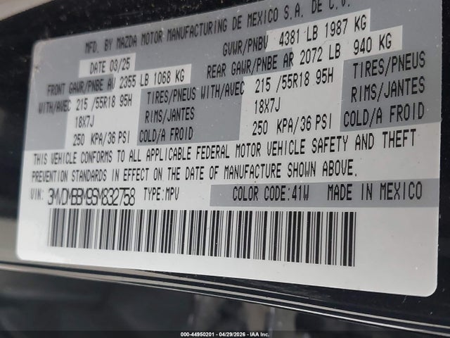 44950201 :رقم المزاد ، 3MVDMBBM9SM832758 vin ، 2025 Mazda Cx-30 2.5 S Select Sport مزاد بيع