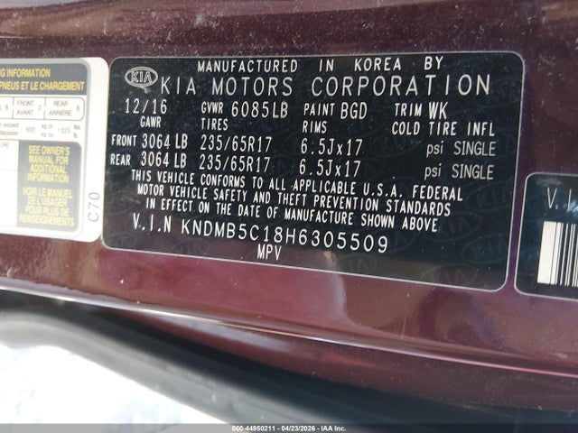 Продажа на аукционе авто 2017 Kia Sedona Lx, vin: KNDMB5C18H6305509, номер лота: 44950211