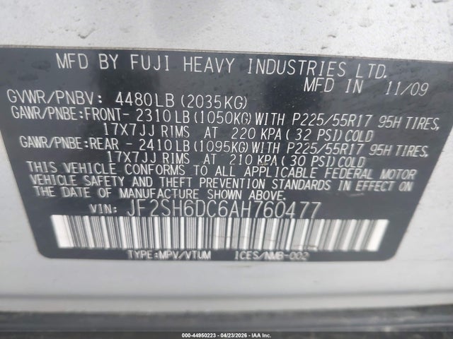 2010 Subaru Forester 2.5x Limited მანქანა იყიდება აუქციონზე, vin: JF2SH6DC6AH760477, აუქციონის ნომერი: 44950223