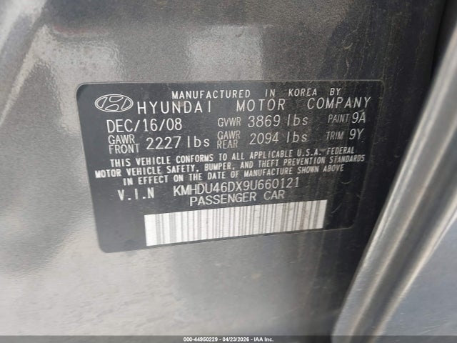2009 Hyundai Elantra Se მანქანა იყიდება აუქციონზე, vin: KMHDU46DX9U660121, აუქციონის ნომერი: 44950229
