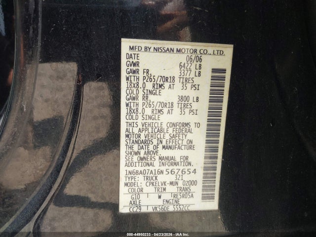 44950233 :رقم المزاد ، 1N6BA07A16N567654 vin ، 2006 Nissan Titan Le مزاد بيع