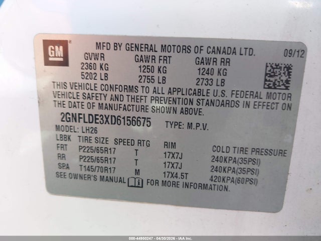 Aukcja sprzedaży 2013 Chevrolet Equinox 1lt, vin: 2GNFLDE3XD6156675, numer aukcji: 44950247