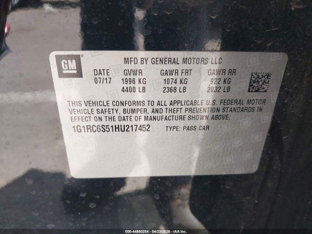 44950254 :رقم المزاد ، 1G1RC6S51HU217452 vin ، 2017 Chevrolet Volt Lt مزاد بيع