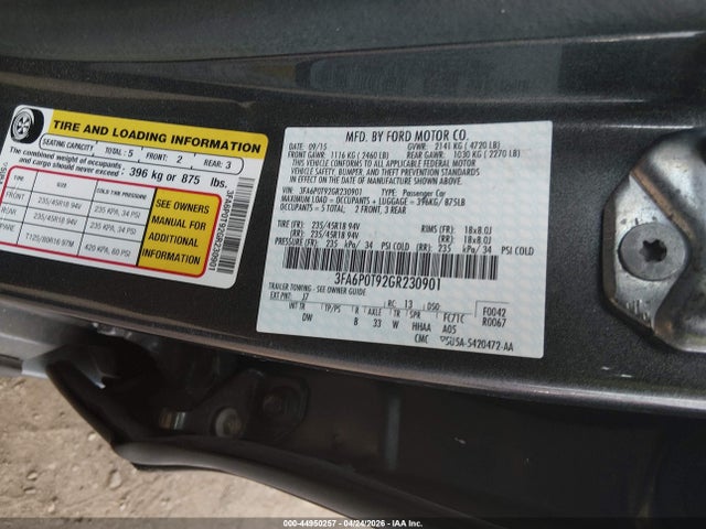 Продажа на аукционе авто 2016 Ford Fusion Se, vin: 3FA6P0T92GR230901, номер лота: 44950257