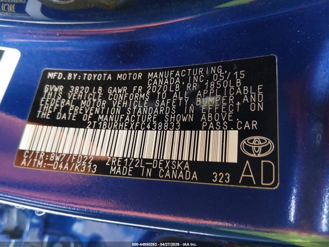 Aukcja sprzedaży 2015 Toyota Corolla S Plus, vin: 2T1BURHEXFC438833, numer aukcji: 44950263