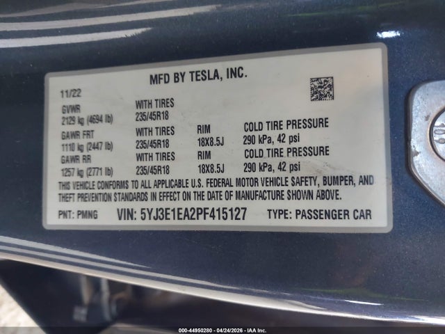 Продаж на аукціоні авто 2023 Tesla Model 3 Rear-wheel Drive, vin: 5YJ3E1EA2PF415127, номер лоту: 44950280