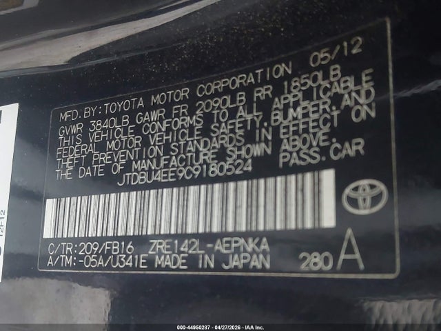 Aukcja sprzedaży 2012 Toyota Corolla Le, vin: JTDBU4EE9C9180524, numer aukcji: 44950287