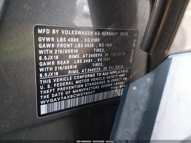 2012 Volkswagen Tiguan S მანქანა იყიდება აუქციონზე, vin: WVGAV7AX9CW076047, აუქციონის ნომერი: 44950293
