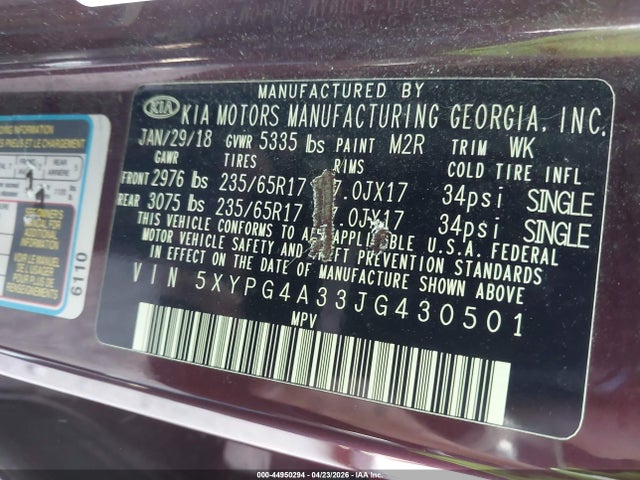 44950294 :رقم المزاد ، 5XYPG4A33JG430501 vin ، 2018 Kia Sorento 2.4l Lx مزاد بيع