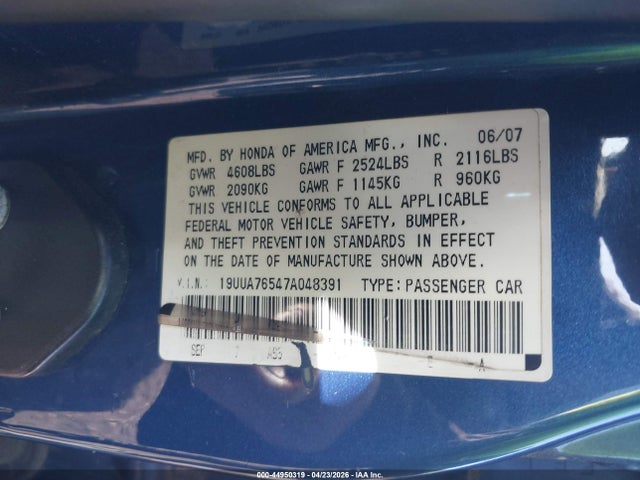 44950319 :رقم المزاد ، 19UUA76547A048391 vin ، 2007 Acura Tl Type S مزاد بيع