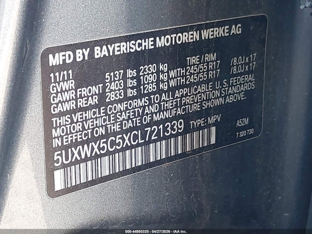 Aukcja sprzedaży 2012 Bmw X3 Xdrive28i, vin: 5UXWX5C5XCL721339, numer aukcji: 44950325