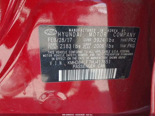 2017 Hyundai Elantra Se მანქანა იყიდება აუქციონზე, vin: KMHD84LF7HU417651, აუქციონის ნომერი: 44950332