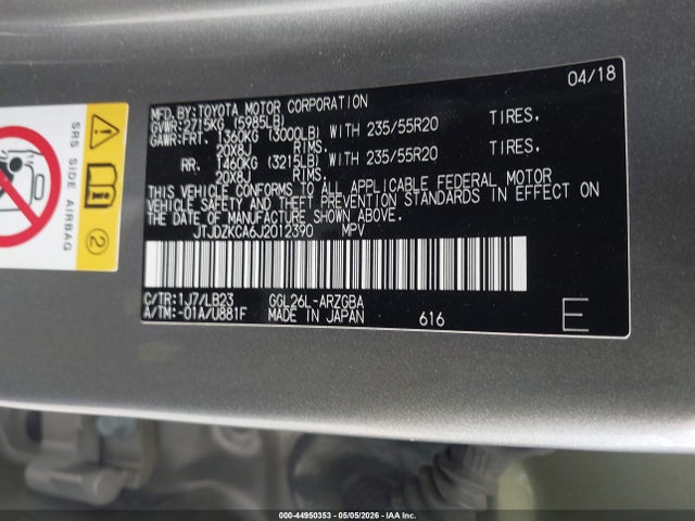 Aukcja sprzedaży 2018 Lexus Rx 350l Premium, vin: JTJDZKCA6J2012390, numer aukcji: 44950353