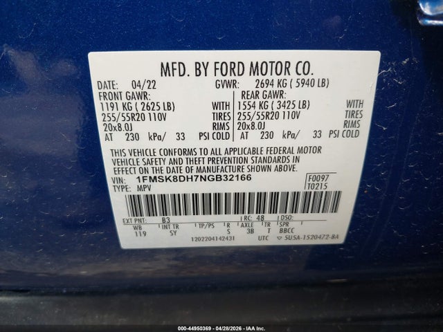 2022 Ford Explorer Xlt მანქანა იყიდება აუქციონზე, vin: 1FMSK8DH7NGB32166, აუქციონის ნომერი: 44950369