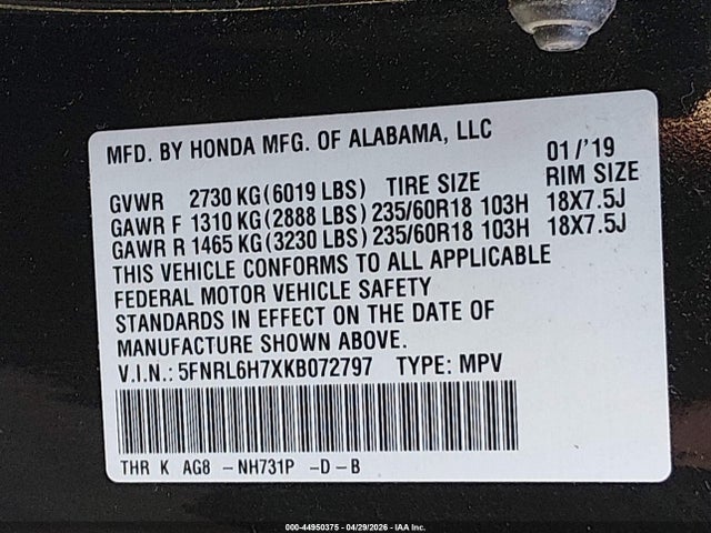 5FNRL6H7XKB072797 Honda Odyssey Ex-l