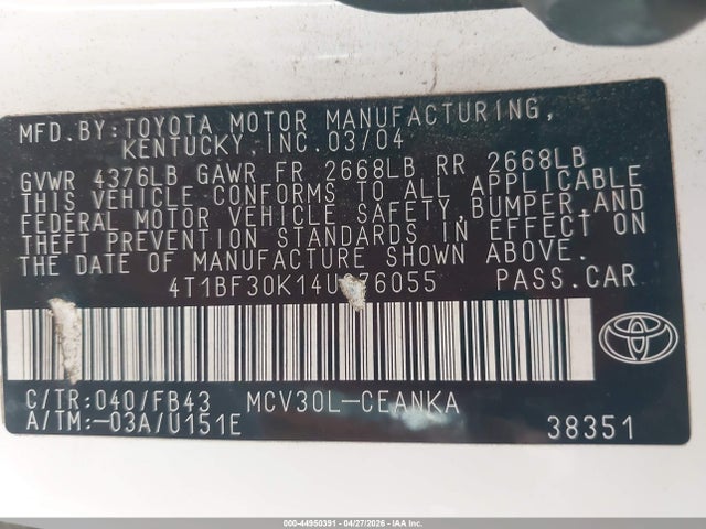 Aukcja sprzedaży 2004 Toyota Camry Le V6, vin: 4T1BF30K14U076055, numer aukcji: 44950391